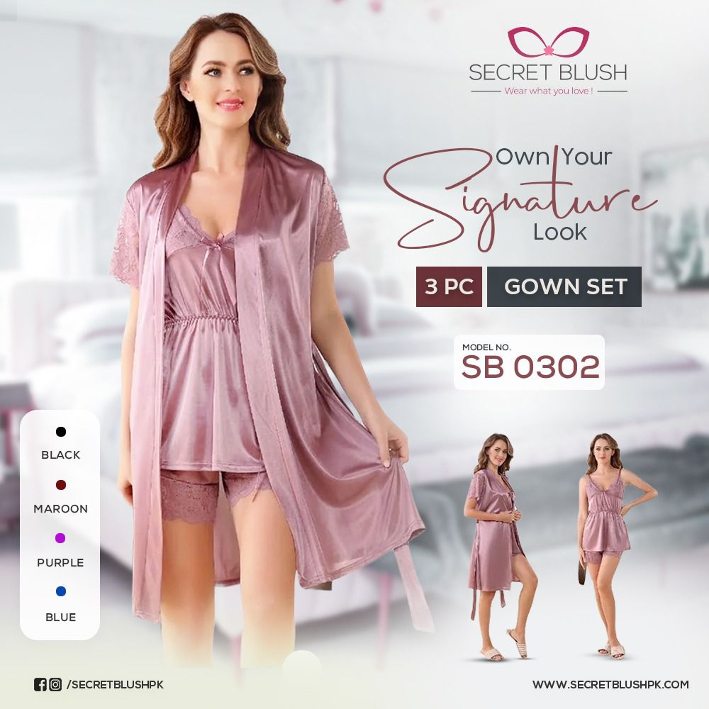 Secret Blush 3-Piece Silk Nighty Set: Gown, Camisole & Boxer Ensemble